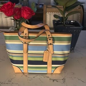 Coach Vintage Hampton Blue and Green Striped Canvas Small Tote Bag